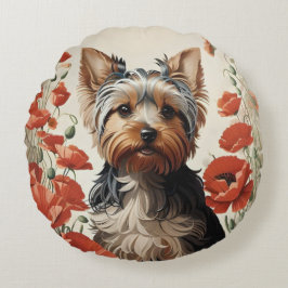 Leuke Yorkshire Terrier Botanische rode papaver Rond Kussen