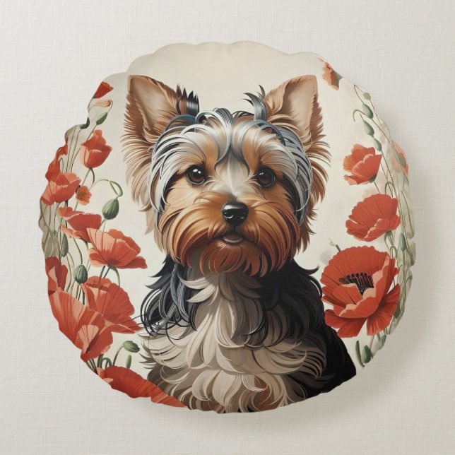 Leuke Yorkshire Terrier Botanische rode papaver Rond Kussen (Voorkant)