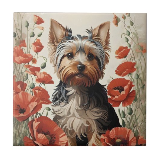 Leuke Yorkshire Terrier Botanische rode papaver Tegeltje (Voorkant)