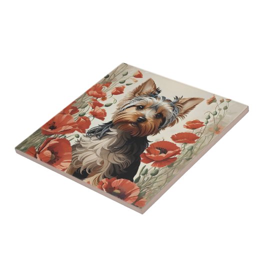 Leuke Yorkshire Terrier Botanische rode papaver Tegeltje (Zijkant)