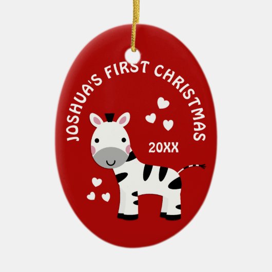 Leuke Zebra Baby's 1e Eerste Kerstcadeau Rood Keramisch Ornament (Voorkant)