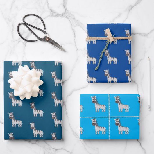 Leuke Zebra Zoo Dieren Zwart Wit Blauw Inpakpapier Vel (Voorkant)