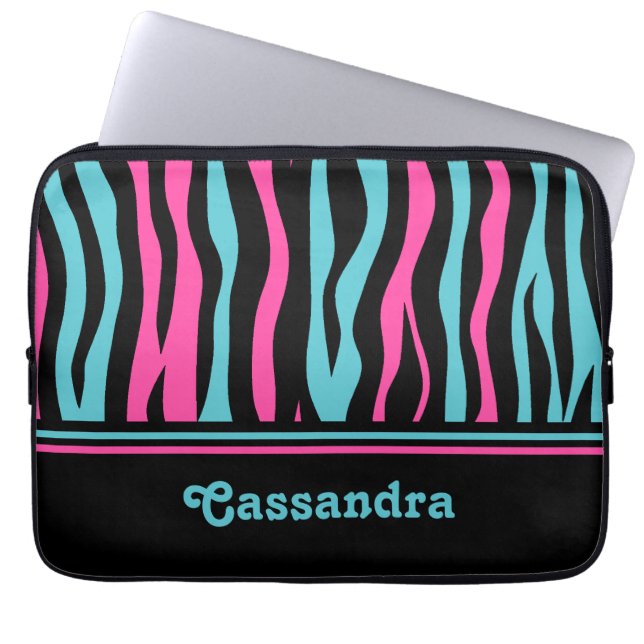 Leuke zebraprint punk in hete roze, zwart en blauw laptop sleeve (Voorkant)
