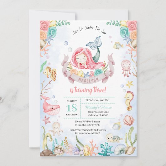 Leuke zeemeermin onder het Zee Zwembad Party Verja Kaart (Voorkant)