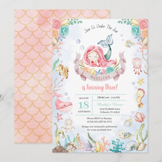 Leuke zeemeermin onder het Zee Zwembad Party Verja Kaart (Voorkant / Achterkant)