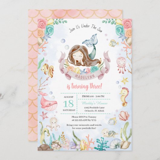 Leuke zeemeermin onder het Zee Zwembad Party Verja Kaart (Voorkant / Achterkant)