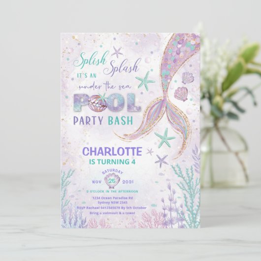 Leuke Zeemeermin Pool Party Onder het Zee Verjaard Kaart (Staand voorkant)