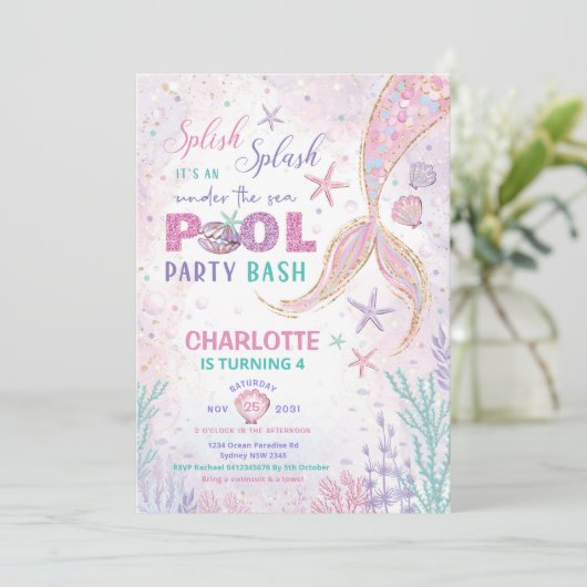 Leuke Zeemeermin Pool Party Onder het Zee Verjaard Kaart (Staand voorkant)