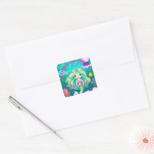 Leuke zeemeermin thema Happy Birthday Party Vierkante Sticker (Envelop)