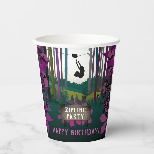 Leuke Zipline Paarse Roze Bos Meisje Avontuur Papieren Bekers (Voorkant)