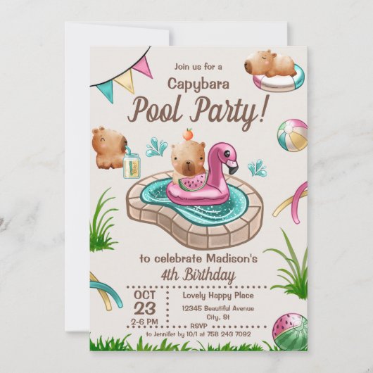 Leuke zomer capybara zwembadfeestje kaart (Voorkant)