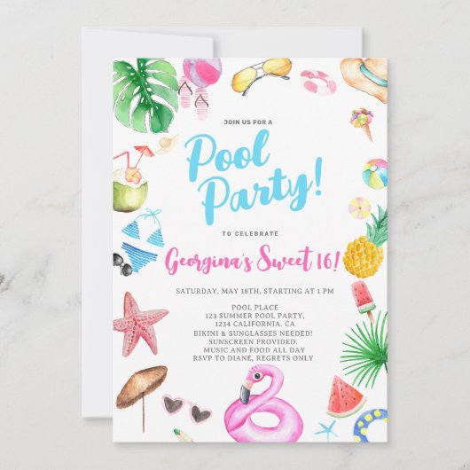 Leuke zomer Modern Pool Party waterverf Verjaardag Kaart (Voorkant)