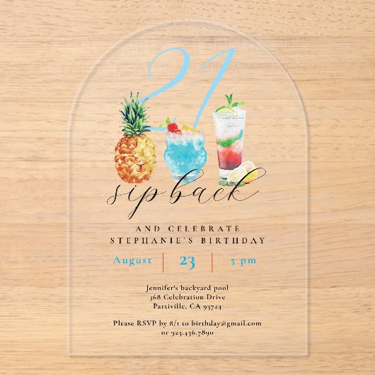 Leuke zomer sip back cocktails 21e verjaardagsfees acryl uitnodigingen (Voorkant)