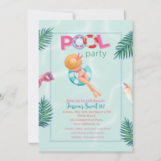 Leuke Zomer Zwembad Party Waterverf Sweet 16 Kaart (Voorkant)