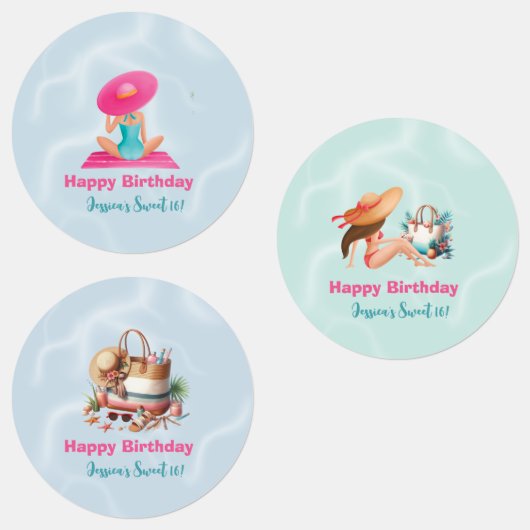 Leuke Zomer Zwembad Party Waterverf Sweet 16 Labels (Groep)