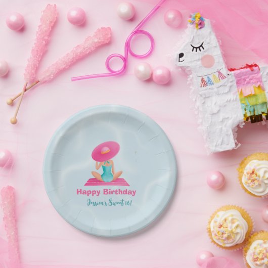 Leuke Zomer Zwembad Party Waterverf Sweet 16 Papieren Bordje (Feest)