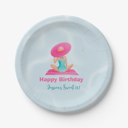 Leuke Zomer Zwembad Party Waterverf Sweet 16 Papieren Bordje (Voorkant)
