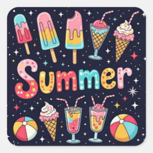 Leuke zomergrafieken op zwart vierkante sticker