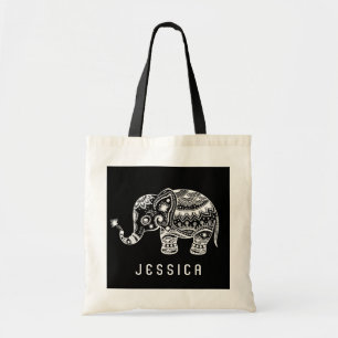 Leuke zwart-witte bloemenolifant tote bag