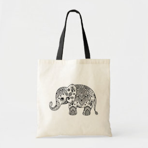 Leuke zwarte bloemenpaisley olifant illustratie. tote bag
