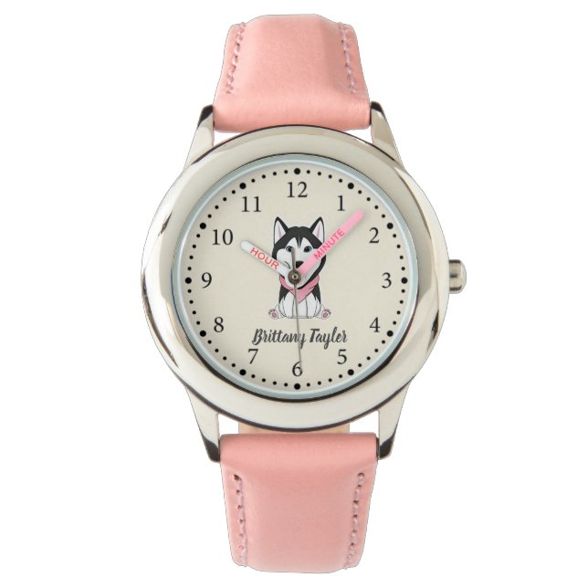 Leuke zwarte en witte husky hond horloge (Voorkant)