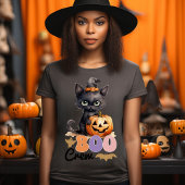 Leuke zwarte heks kat pompoen-halloween-boo crew t-shirt