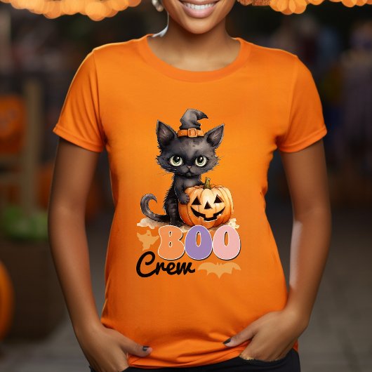Leuke zwarte heks kat pompoen-halloween-boo crew t-shirt