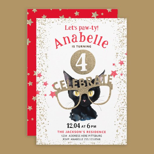 Leuke Zwarte Kat Goud Glitters Rode Sterren Waterv Kaart