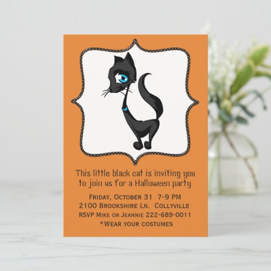 Leuke zwarte kat Halloween Party uitnodiging (Staand voorkant)