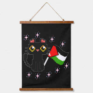 Leuke zwarte kat houdt Palestijnse vlag vast Hangend Wandkleed
