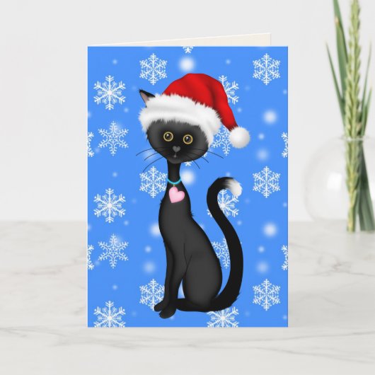 Leuke zwarte kat, kerstmuts en sneeuwvlokken kerst feestdagen kaart (Voorkant)