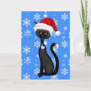 Leuke zwarte kat, kerstmuts en sneeuwvlokken kerst feestdagen kaart
