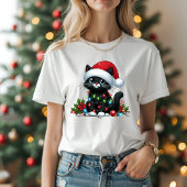 Leuke zwarte kat kerstverlichting t-shirt