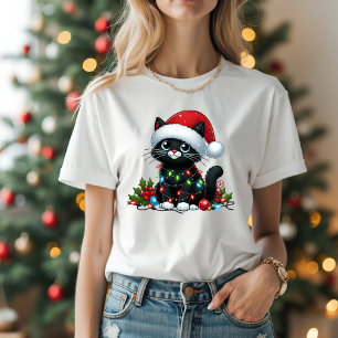 Leuke zwarte kat kerstverlichting t-shirt