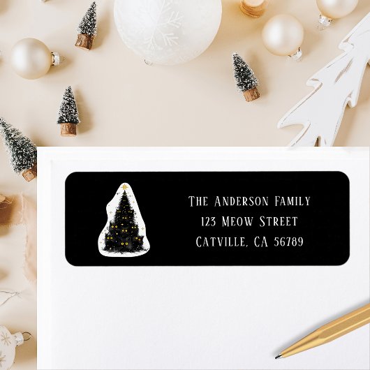 Leuke zwarte kat Meowy kerstboom terug adres Etiket