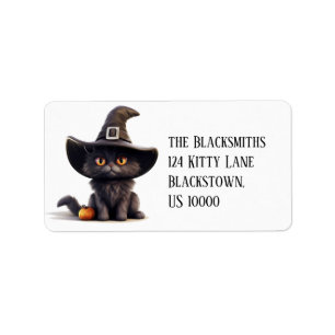 Leuke zwarte kat met heksen Pet Return Etiket
