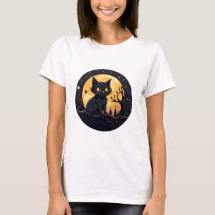 Leuke zwarte kat Volle Maan Modern Halloween T-shirt
