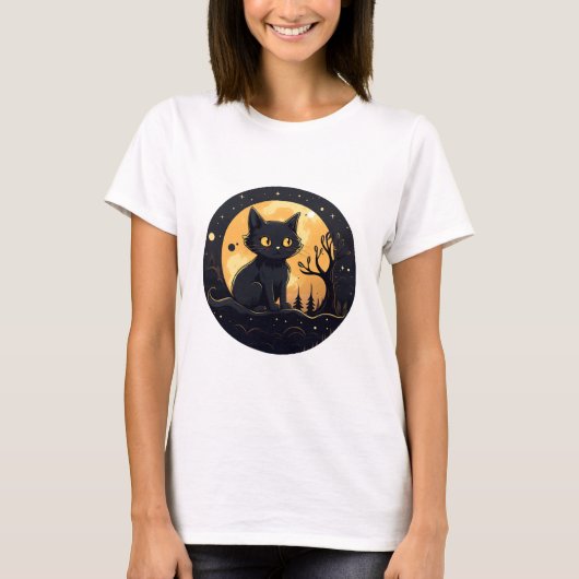 Leuke zwarte kat Volle Maan Modern Halloween T-shirt (Voorkant)