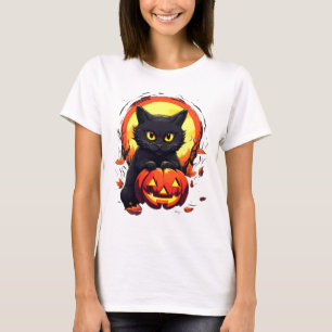 Leuke zwarte kat volle maan pompoen moderne hallow t-shirt