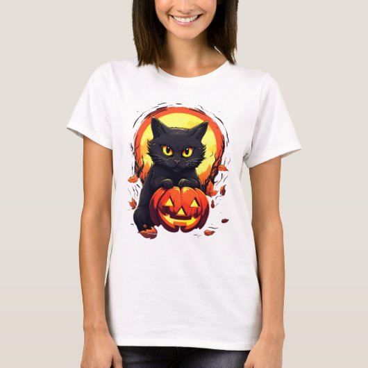 Leuke zwarte kat volle maan pompoen moderne hallow t-shirt (Voorkant)