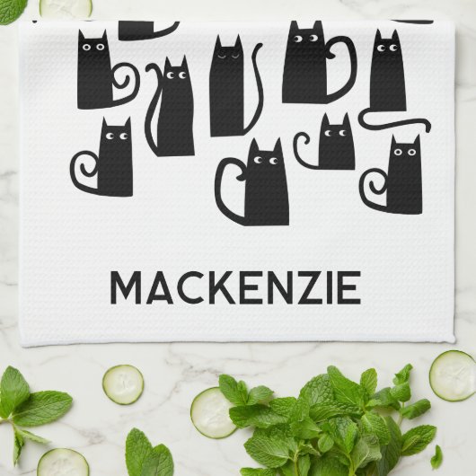 Leuke zwarte katten gepersonaliseerde naam theedoek (Gevouwen)
