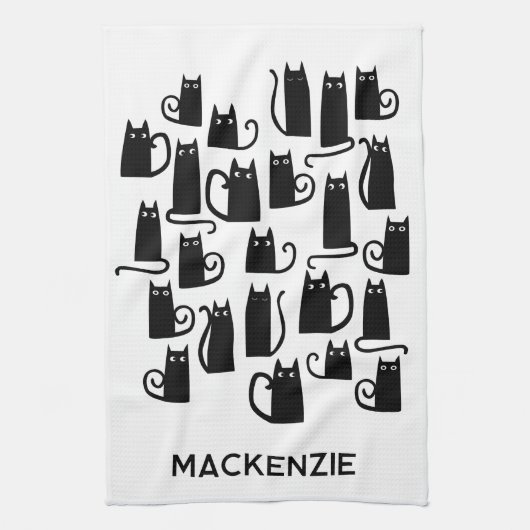 Leuke zwarte katten gepersonaliseerde naam theedoek (Verticaal)