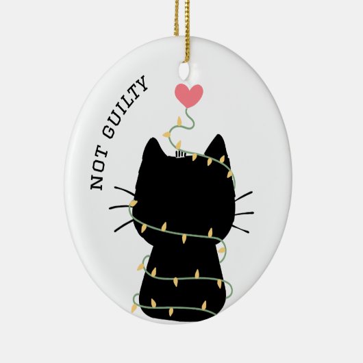 Leuke zwarte kitten verstrikt in kerstlicht keramisch ornament (Rechts)