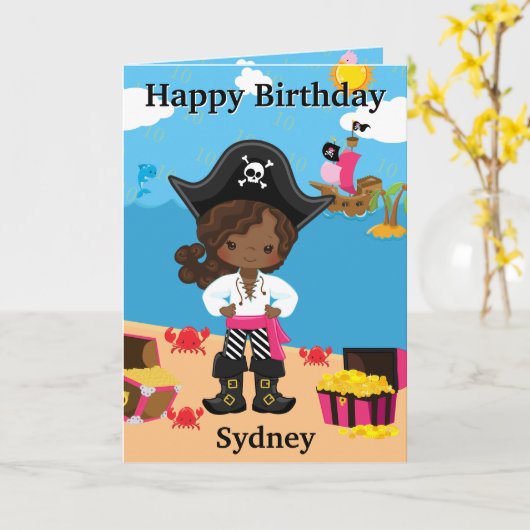 Leuke zwarte meisjes pirate kleur me gelukkig verj kaart (Gele Bloem)