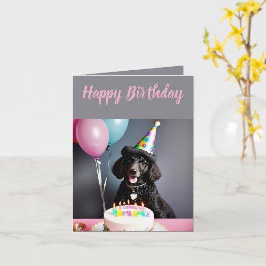 Leuke zwarte poedel verjaardag kaart (Gele Bloem)