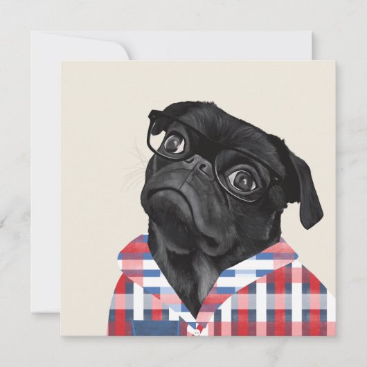 Leuke zwarte pug dog met bril en check Shirt (Voorkant)