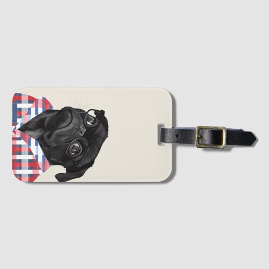 Leuke zwarte pug dog met bril en check Shirt Bagagelabel (Voorkant (horizontaal))