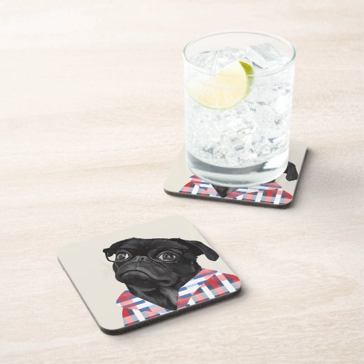 Leuke zwarte pug dog met bril en check Shirt Bier Onderzetter (Rechterzijde)