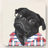 Leuke zwarte pug dog met bril en check Shirt Bier Onderzetter (Voorkant)
