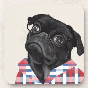 Leuke zwarte pug dog met bril en check Shirt Bier Onderzetter